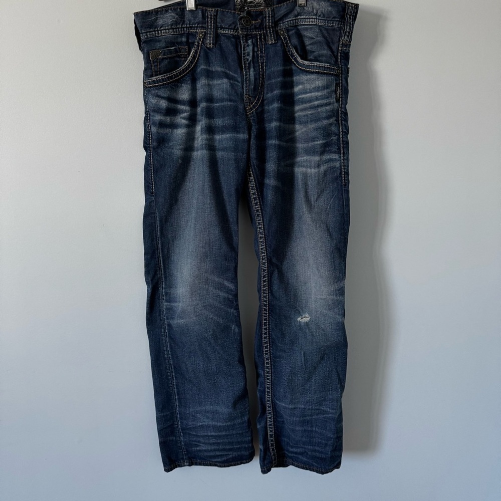 Silver Jeans Co. ZAC Men’s Straight Leg Jeans W32 L30 Distressed Dark Wash